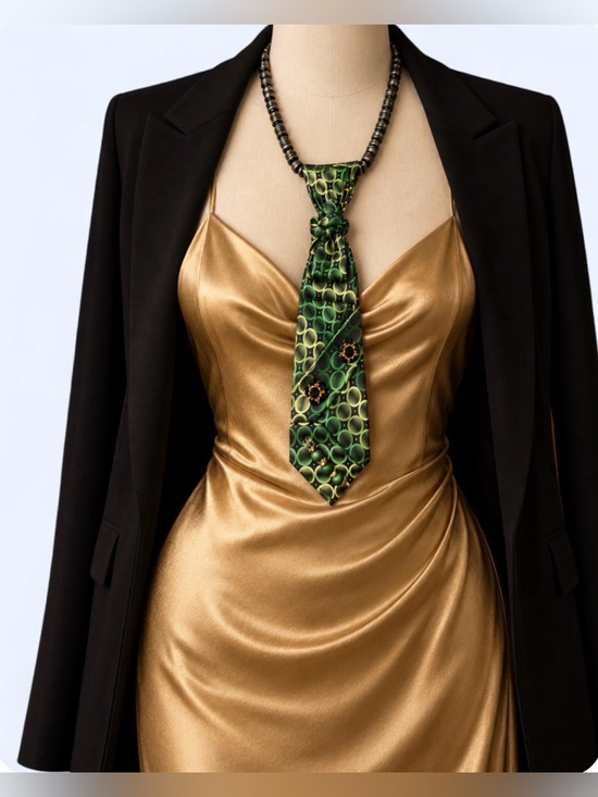 Hand Crafted Jewelry - Handcrafted Green Silk Necktie Necklace Halloween Dark Academia Statement Jewel